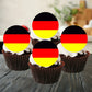 German Flag Round Edible Cupcake Toppers on chocolate cupcakes with white frosting