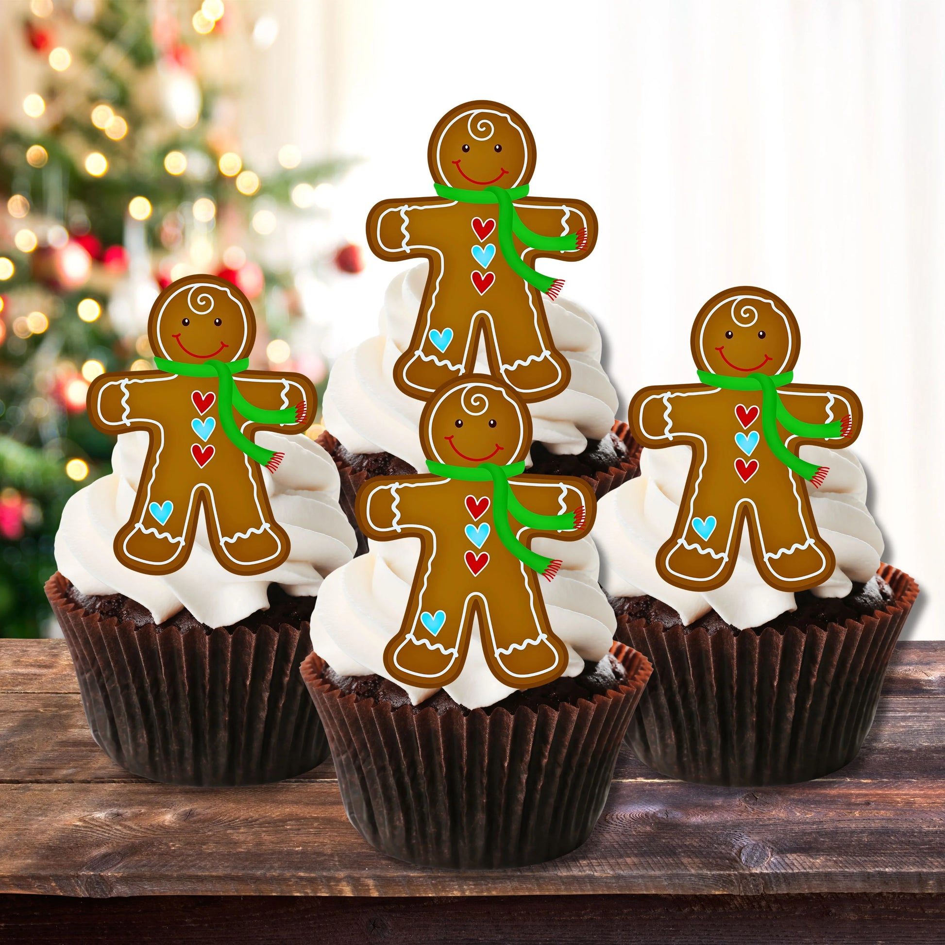 Gingerbread Man Edible Cupcake Toppers on chocolate cupcakes with white frosting 