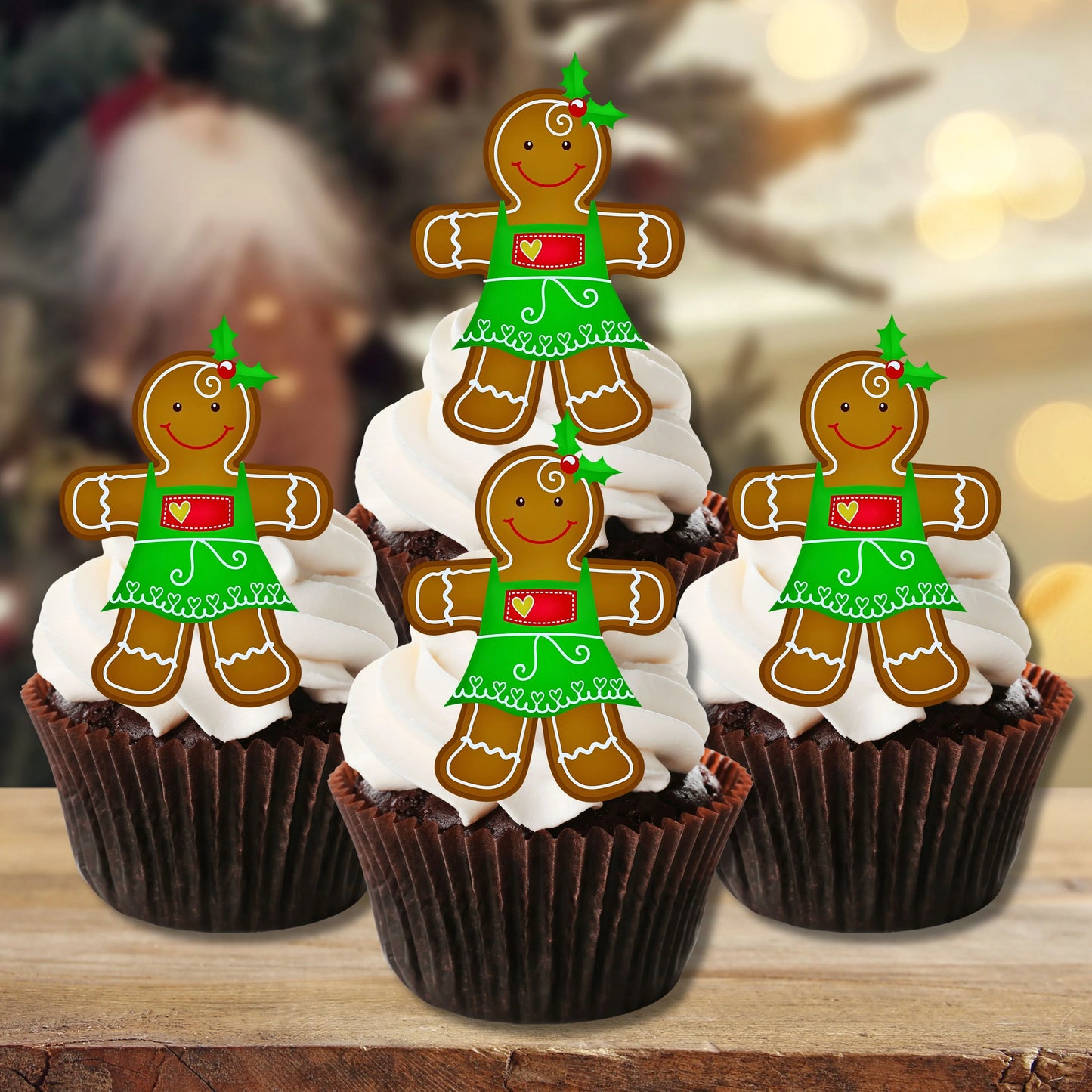 Gingerbread Woman Edible Cupcake Toppers on chocolate cupcakes with white frosting 