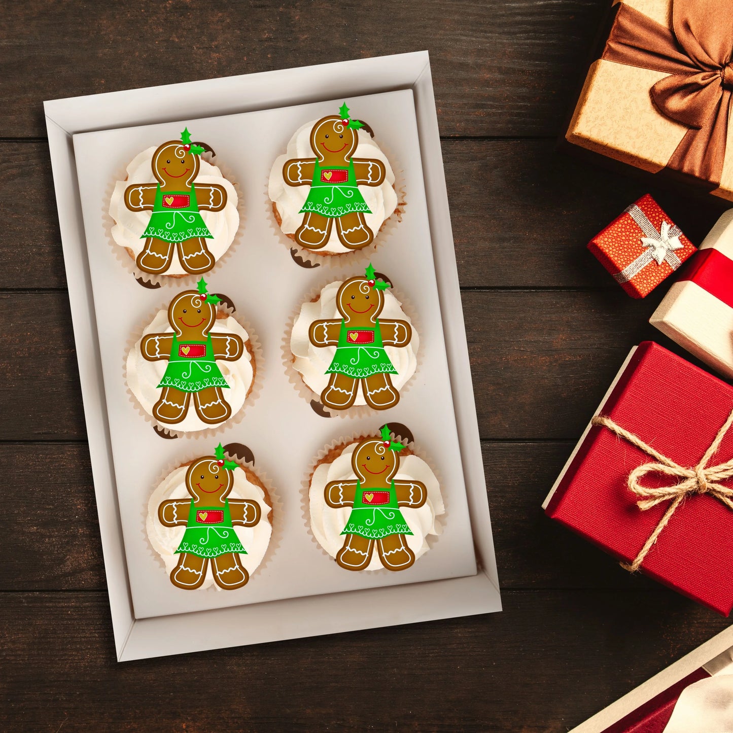 Gingerbread Woman Edible Cupcake Toppers on chocolate cupcakes with white frosting