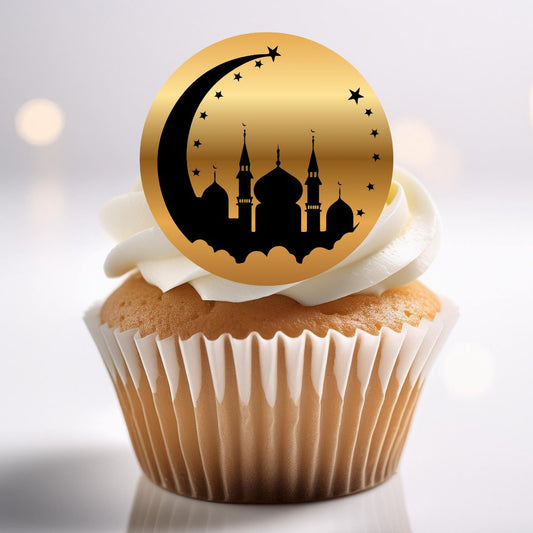 Cupcake with a gold and black cupcake topper featuring a mosque silhouette.
