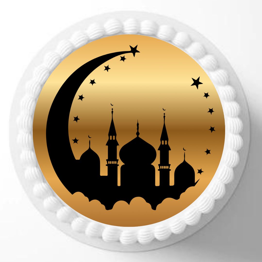 Decorative cake topper with black silhouette of a mosque and gold crescent moon on a white background