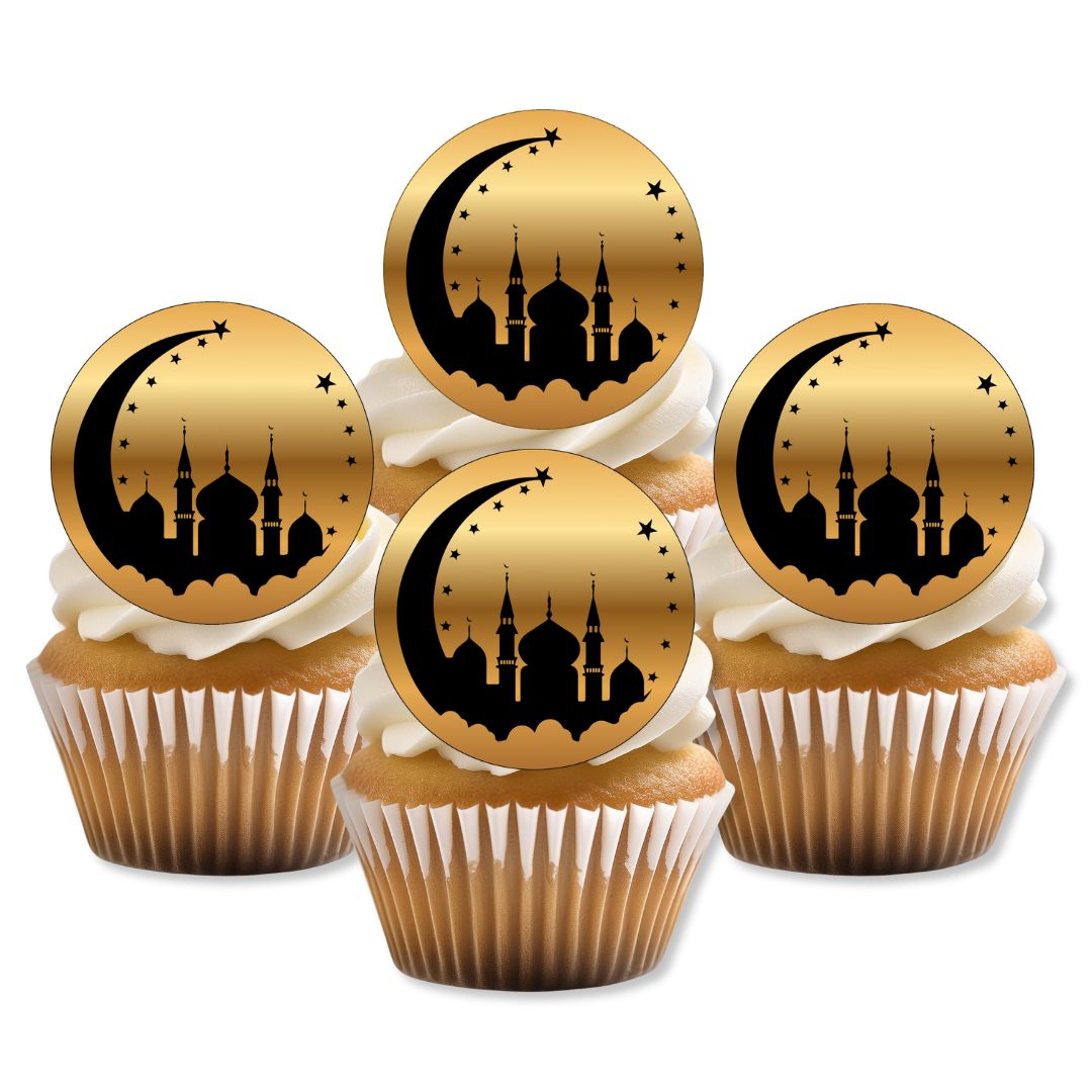 Cupcakes with gold and black decorative toppers featuring a mosque and crescent moon design on a white background.