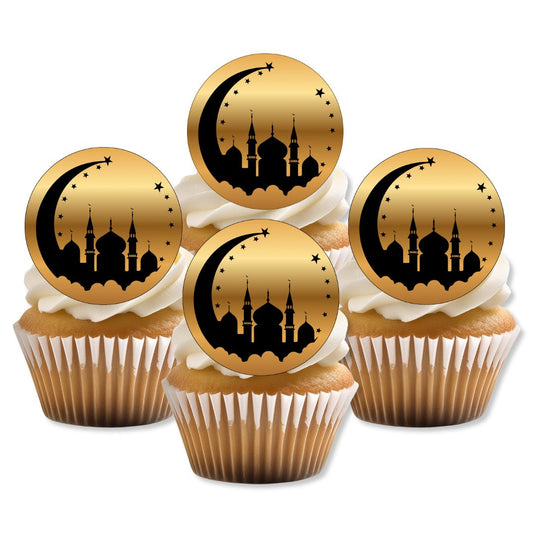 Cupcakes with gold and black decorative toppers featuring a mosque and crescent moon design on a white background.