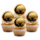 Cupcakes with gold and black decorative toppers featuring a mosque and crescent moon design on a white background.
