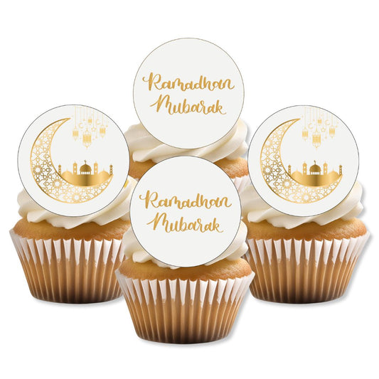 Cupcakes with 'Ramadan Mubarak' toppers on a white background