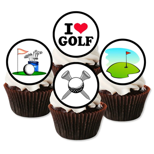 Golf Theme Edible Cupcake Toppers on chocolate cupcakes with white frosting