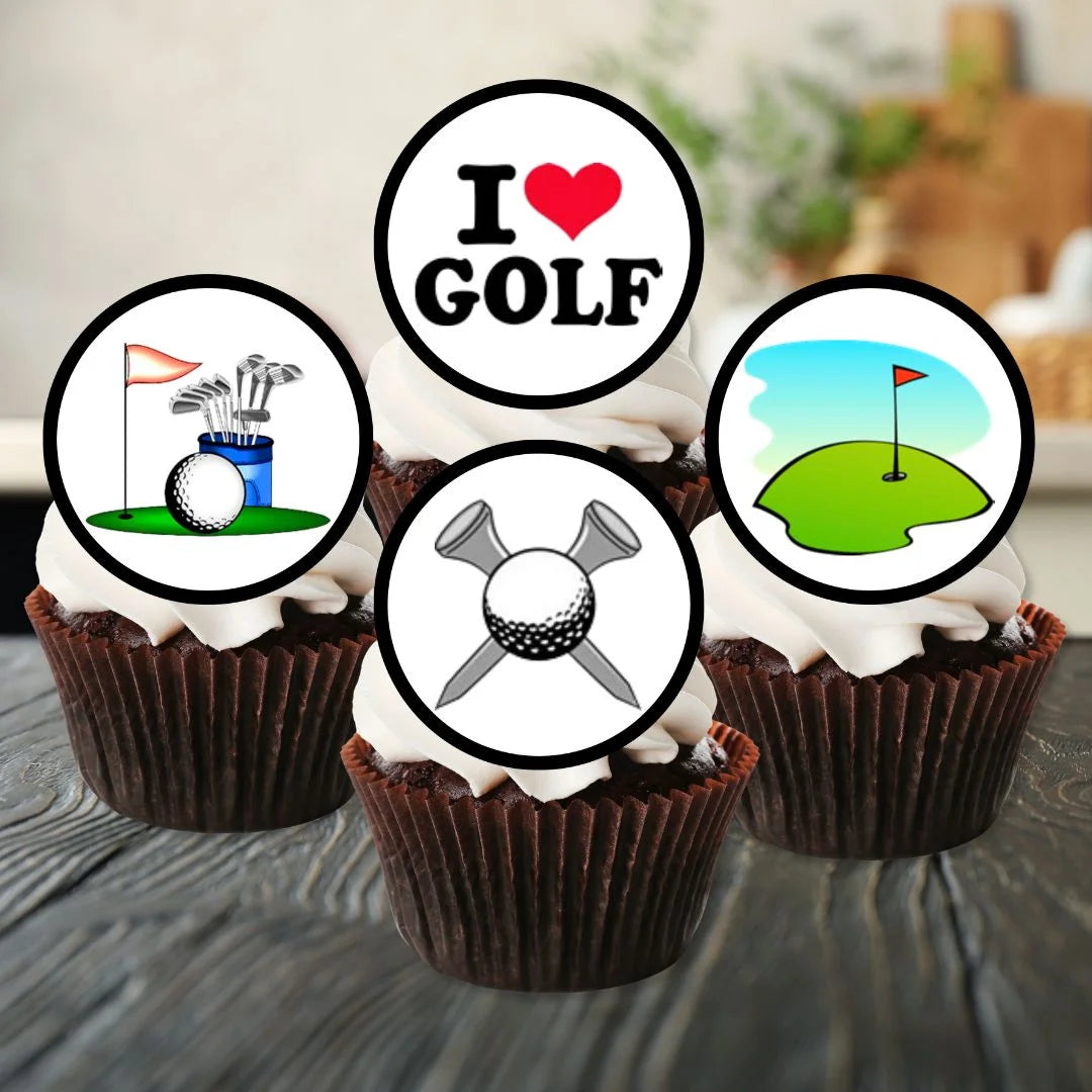 Golf Theme Edible Cupcake Toppers on chocolate cupcakes with white frosting