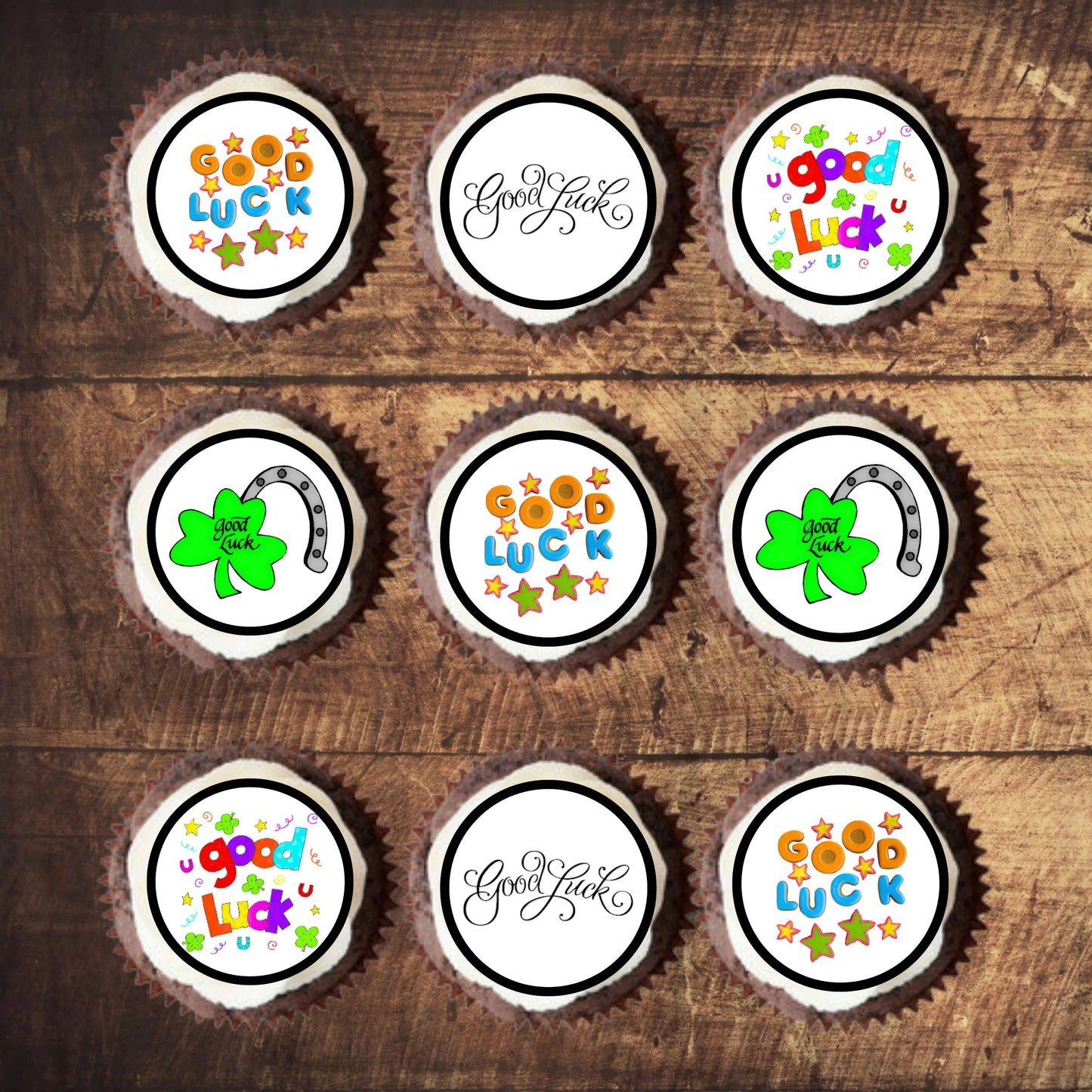 Good Luck Edible Cupcake Toppers on chocolate cupcakes with white frosting 