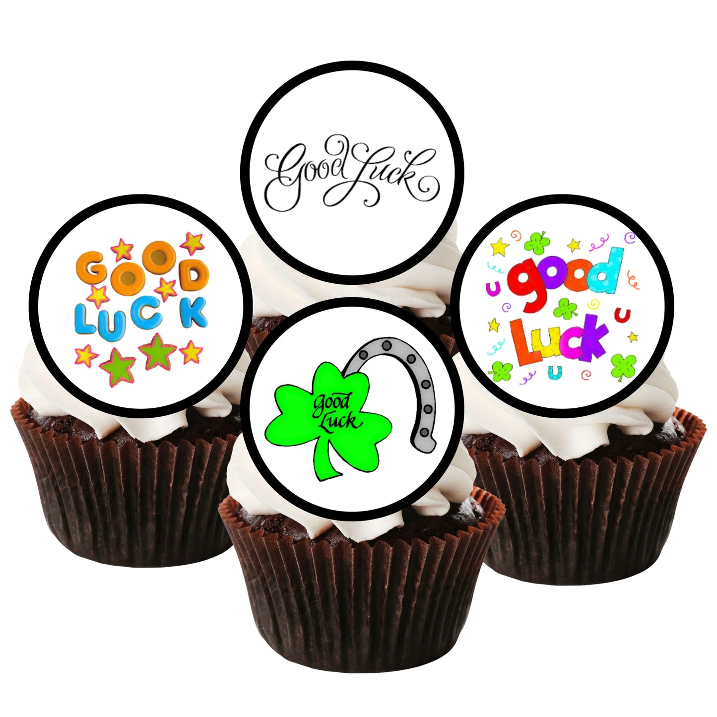 Good Luck Edible Cupcake Toppers on chocolate cupcakes with white frosting 