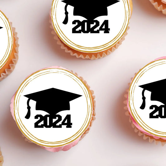 Graduation 2024 Round Edible Cupcake Toppers close up on frosted cupcakes 