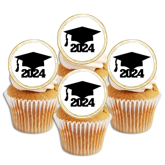 Graduation 2024 Round Edible Cupcake Toppers on white frosted cupcakes 