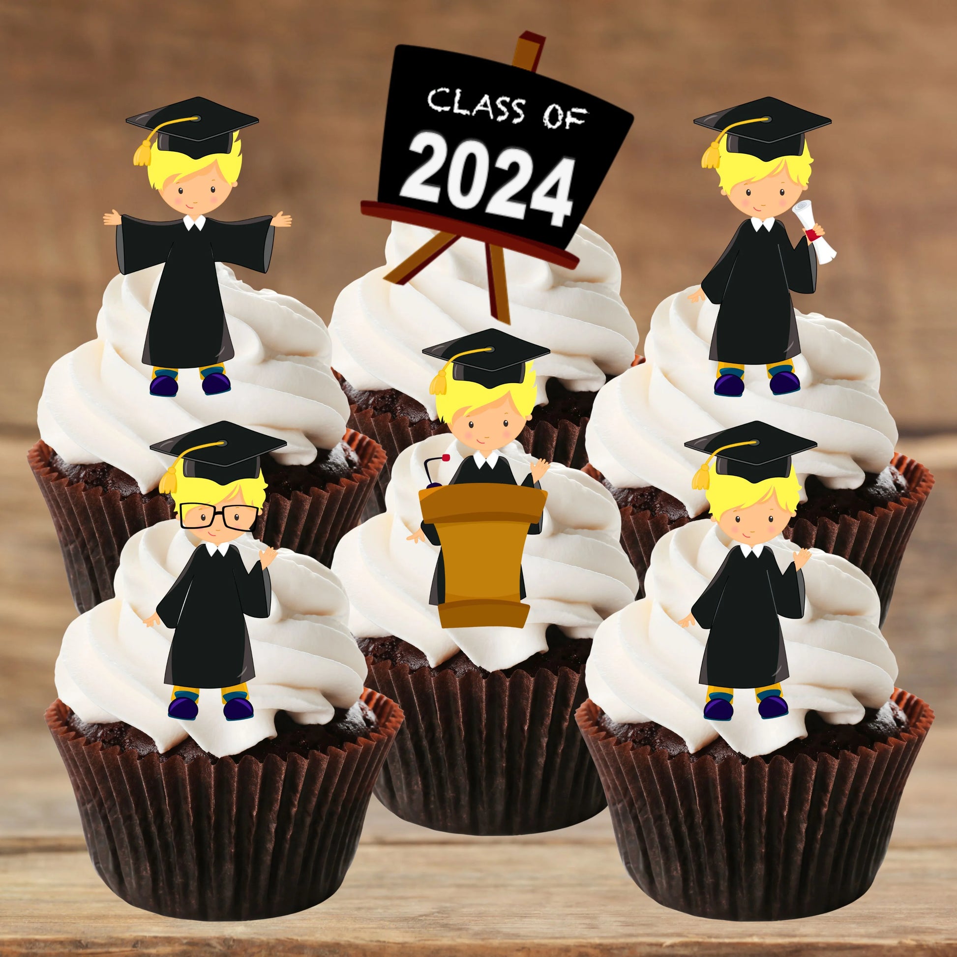 Graduation blond Boy Edible Cupcake Toppers on chocolate cupcakes with white frosting 