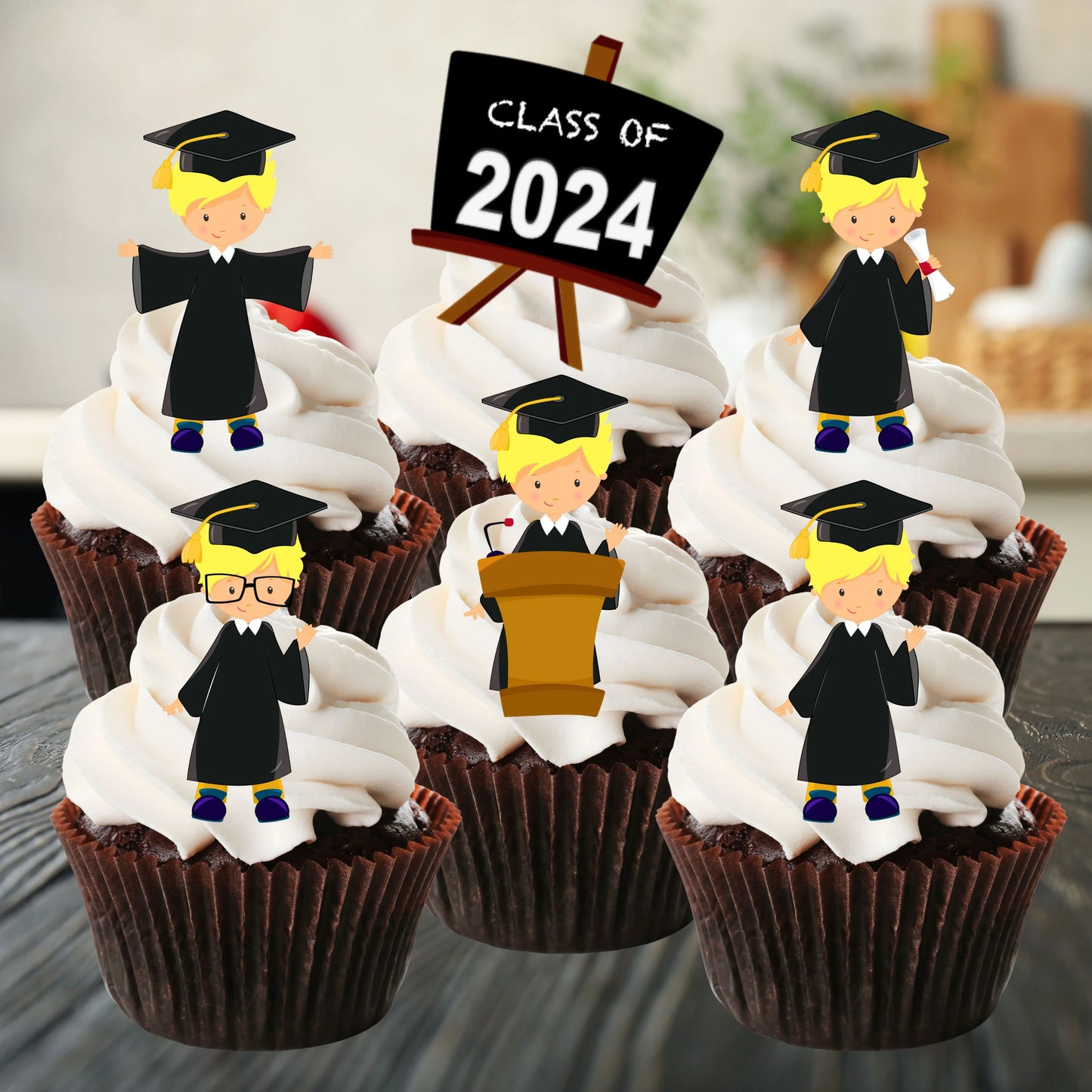 Graduation blond Boy Edible Cupcake Toppers on chocolate cupcakes with white frosting 