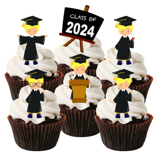 Graduation blond Boy Edible Cupcake Toppers on chocolate cupcakes with white frosting 