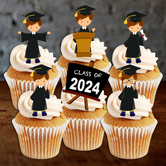 Graduation Boy Class of 2024 Edible Cupcake Toppers on white frosted cupcakes 