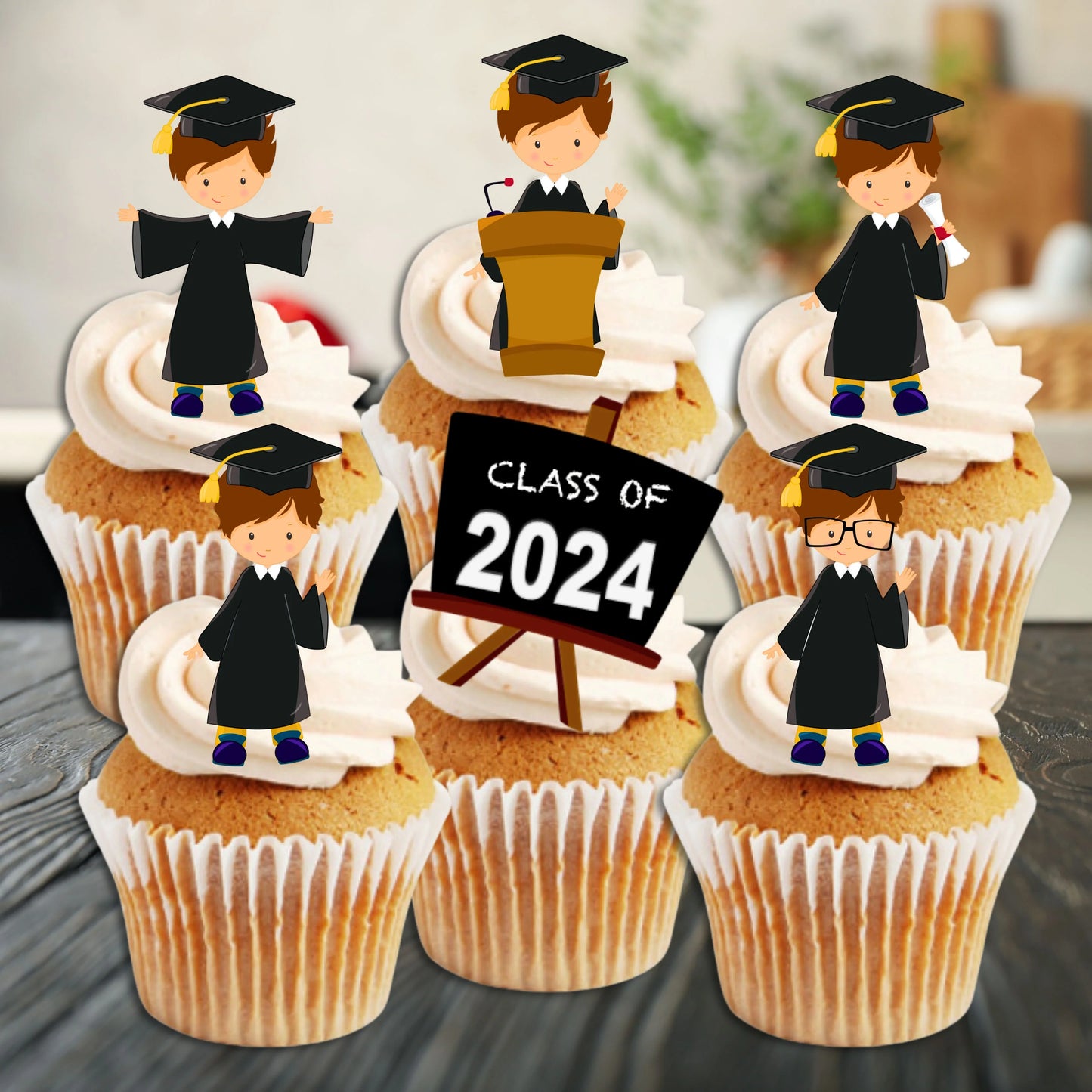 Graduation Boy Class of 2024 Edible Cupcake Toppers on white frosted cupcakes 