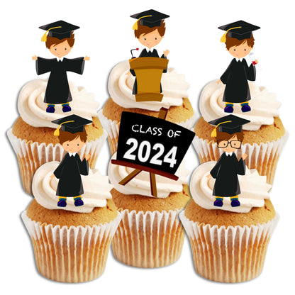 Graduation Boy Class of 2024 Edible Cupcake Toppers on white frosted cupcakes 