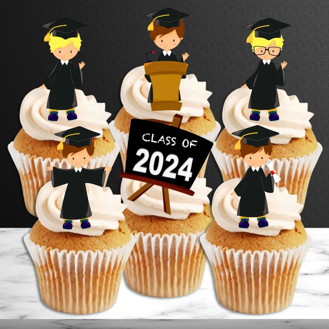 Graduation Boy Mix Edible Cupcake Toppers on white frosted cupcakes 