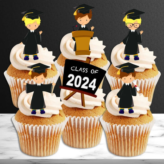 Graduation Boy Mix Edible Cupcake Toppers on white frosted cupcakes 