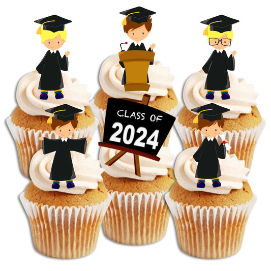 Graduation Boy Mix Edible Cupcake Toppers on white frosted cupcakes 