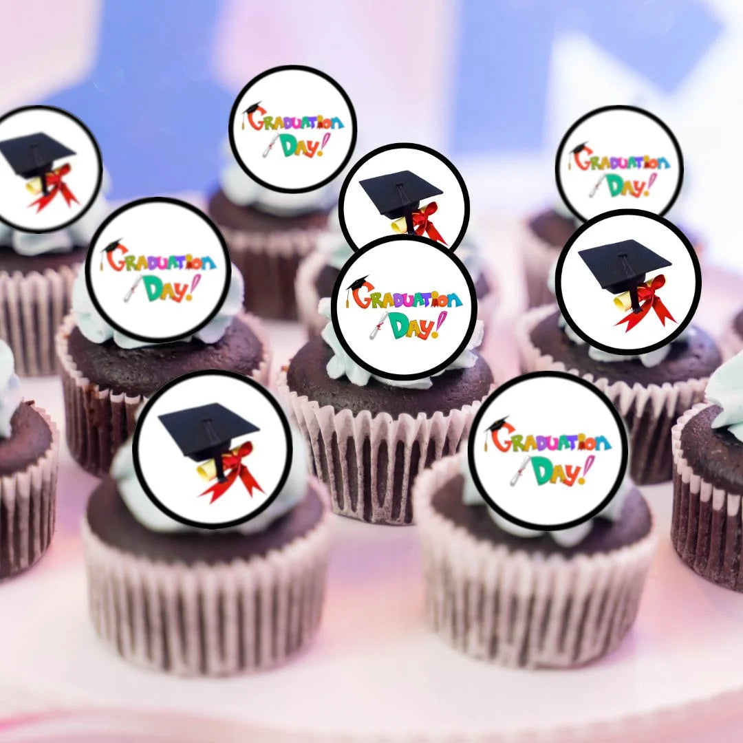 Graduation Day Round Edible Cupcake Toppers on chocolate cupcakes with white frosting 