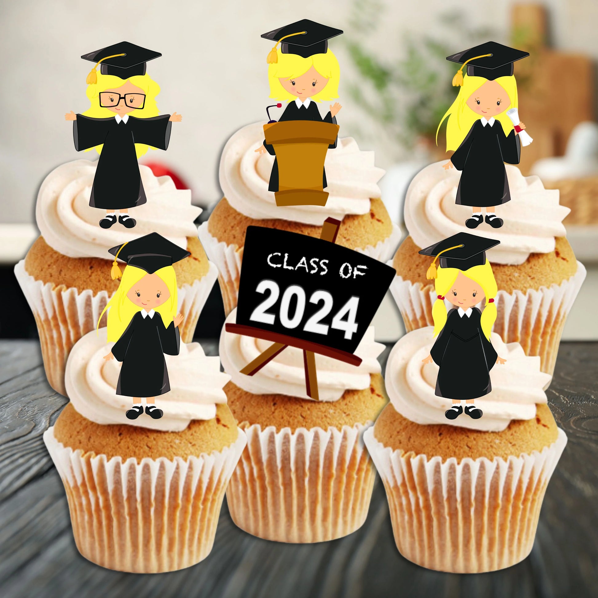 Graduation Blonde Girl Edible Cupcake Toppers on white frosted cupcakes 