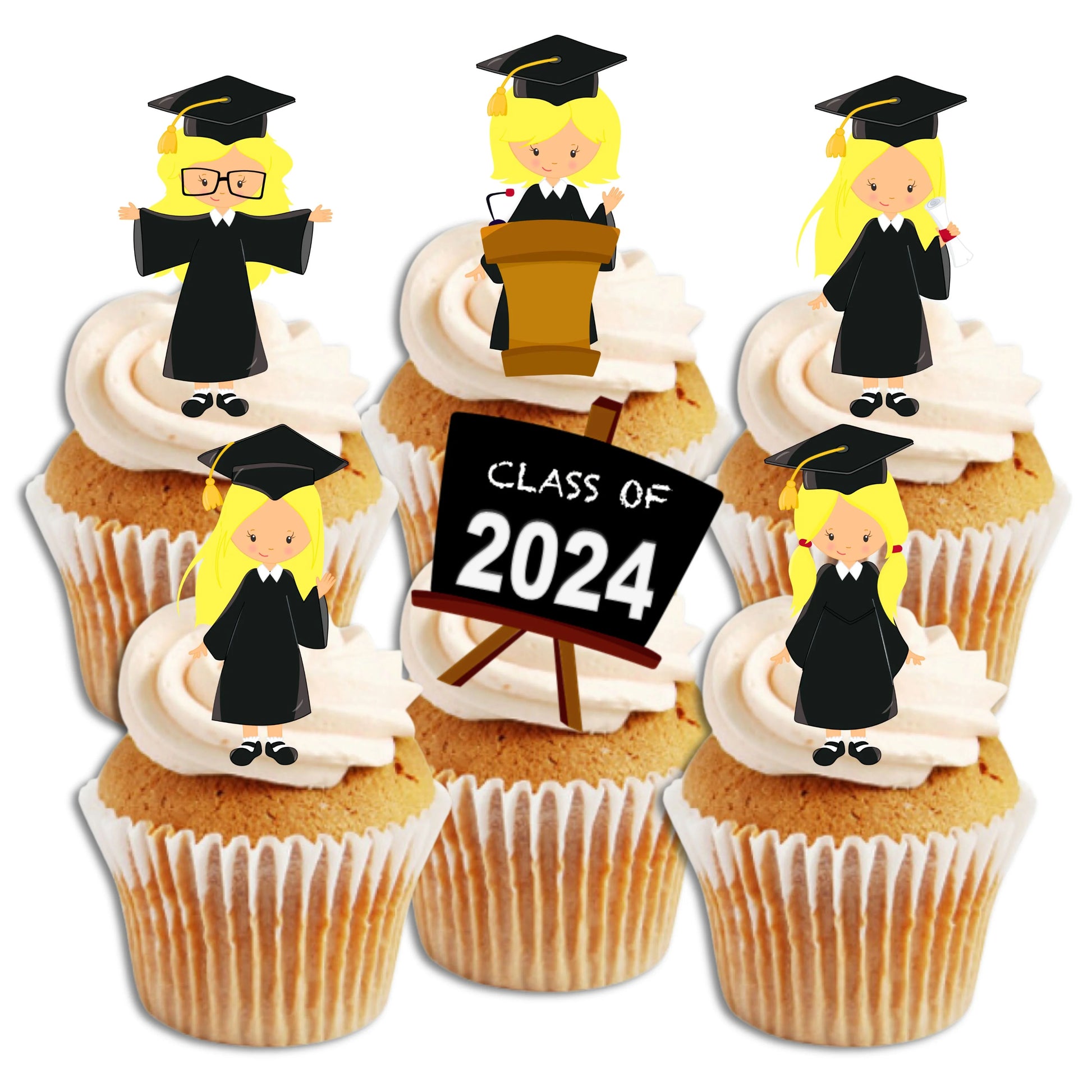 Graduation Blonde Girl Edible Cupcake Toppers on white frosted cupcakes 