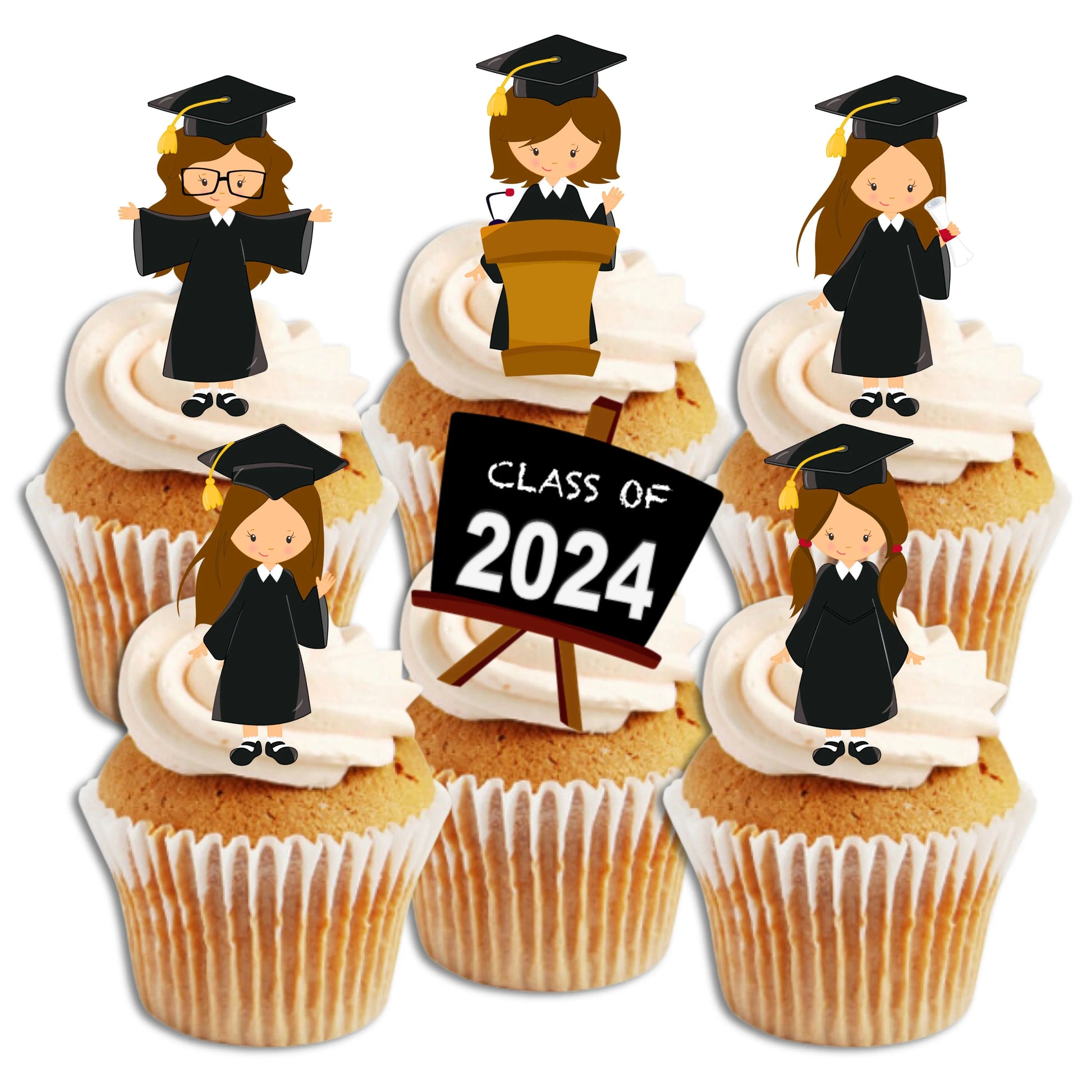 Graduation Girl with brown hair Edible Cupcake Toppers on white frosted cupcakes 