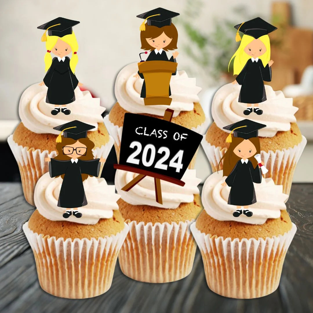 Graduation Girl Mix Edible Cupcake Toppers on frosted cupcakes 