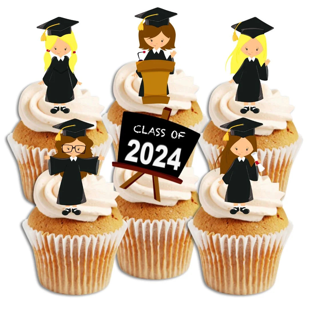 Graduation Girl Mix Edible Cupcake Toppers on white frosted cupcakes 