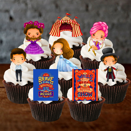 Greatest Show Edible Cupcake Toppers on chocolate cupcakes with white frosting 