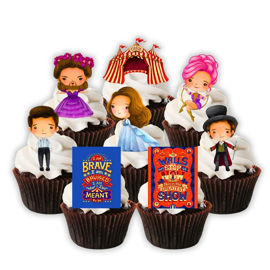 Greatest Show Edible Cupcake Toppers on chocolate cupcakes with white frosting 