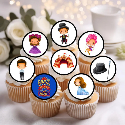 Showman Edible Cupcake Toppers on chocolate cupcakes with white frosting 