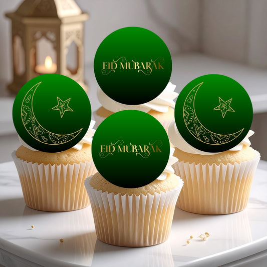 Cupcakes with 'Eid Mubarak' toppers on a white surface.