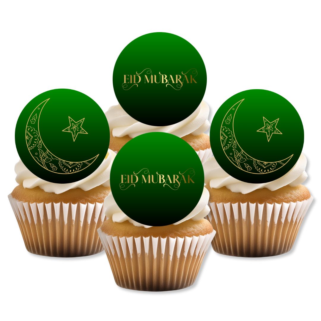 Cupcakes with 'Eid Mubarak' toppers on a white background