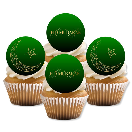 Cupcakes with 'Eid Mubarak' toppers on a white background