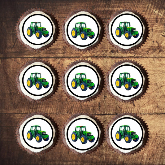 Green Tractor Edible Cupcake Toppers on chocolate cupcakes with white frosting