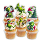 Grinch Theme Edible Cupcake Toppers on white frosted cupcakes 