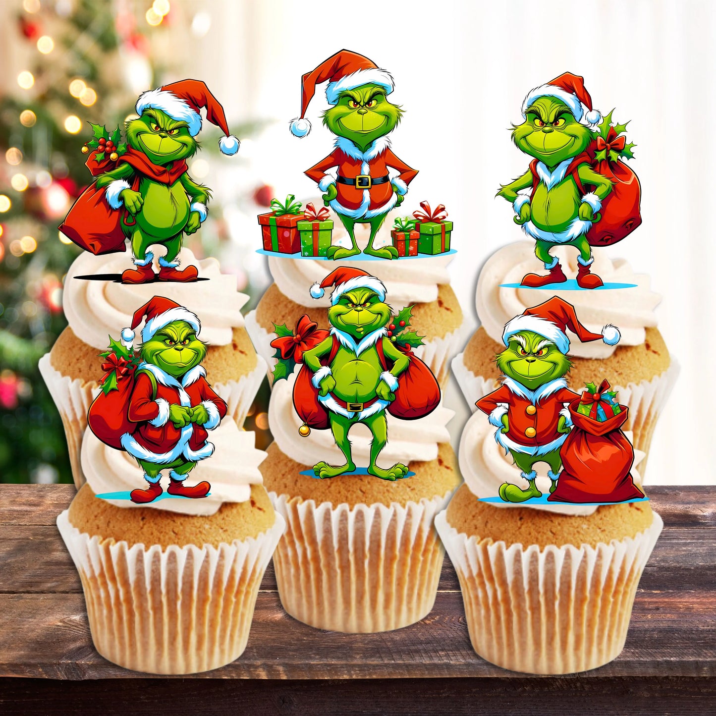 Grinch Theme Edible Cupcake Toppers on white frosted cupcakes 