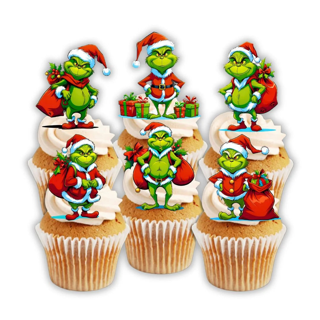 Grinch Theme Edible Cupcake Toppers on white frosted cupcakes 