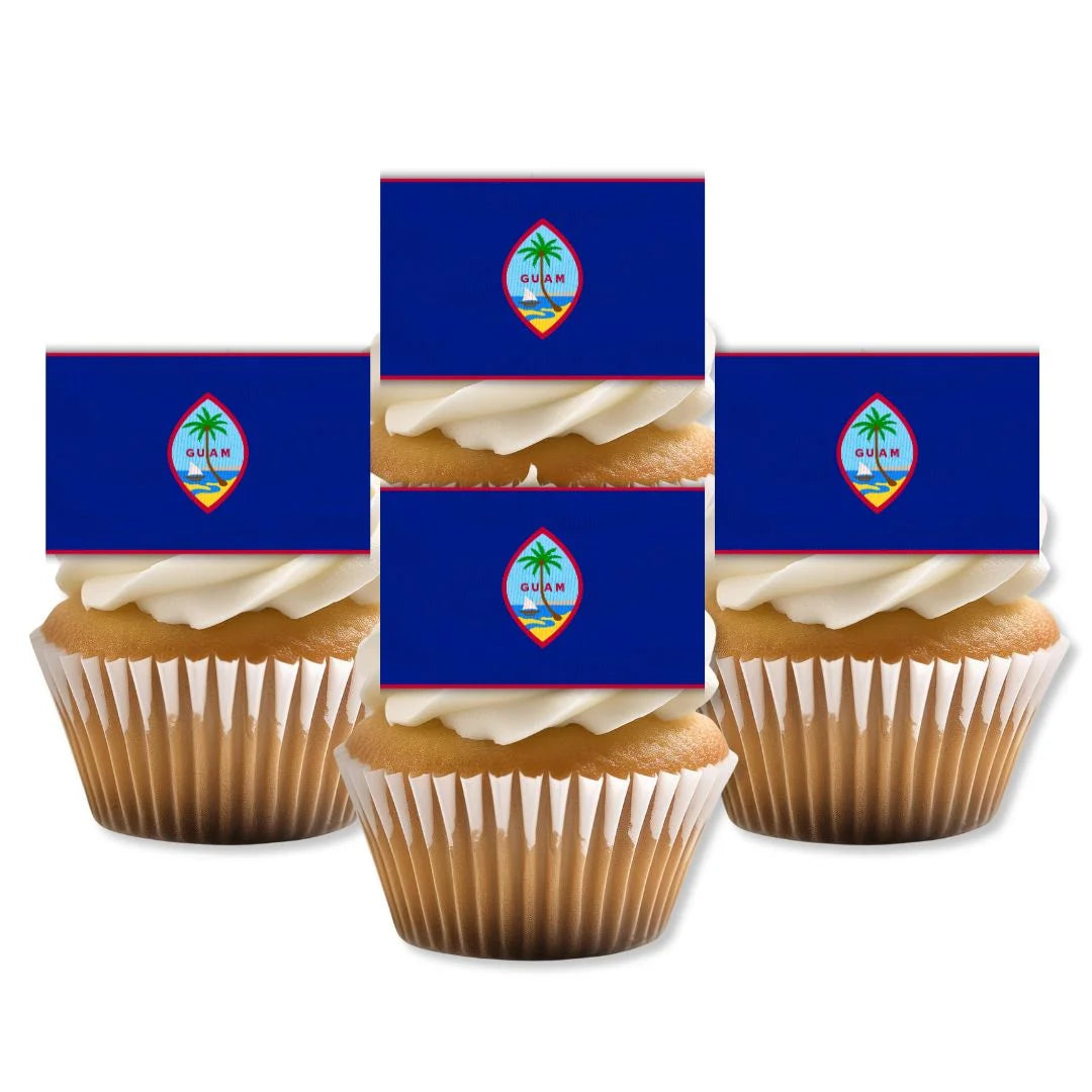 Guam Flag Edible Cupcake Toppers on white frosted cupcakes