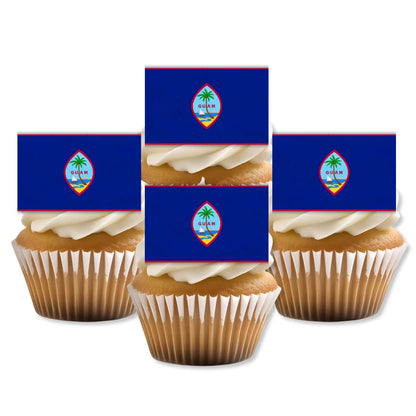 Guam Flag Edible Cupcake Toppers on white frosted cupcakes