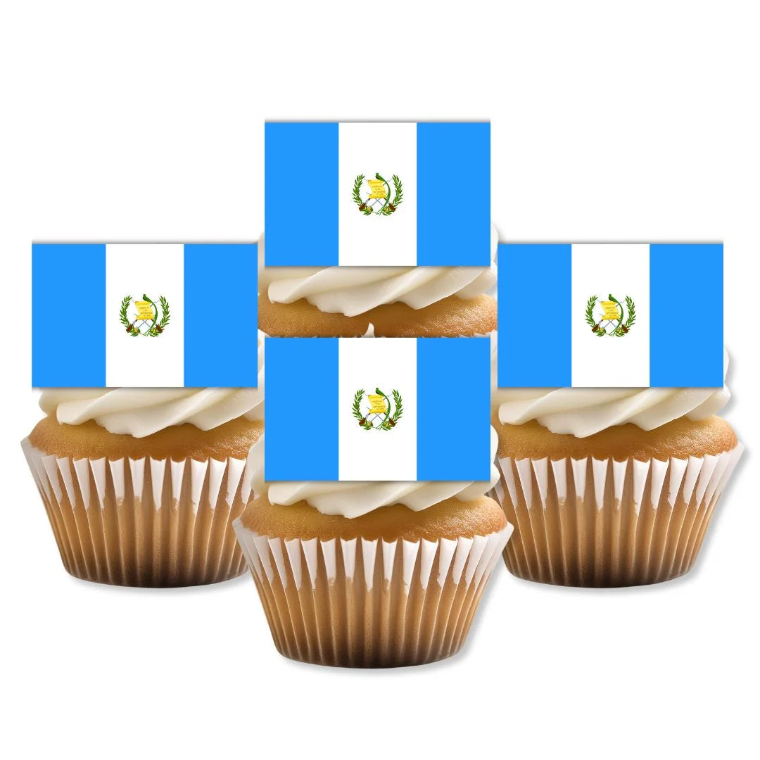 Guatemala Flag Edible Cupcake Toppers on white frosted cupcakes 