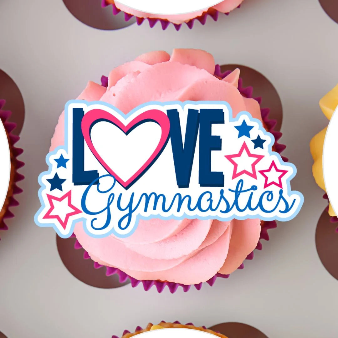 love gymnastics cupcake Topper on a pink frosted cupcake