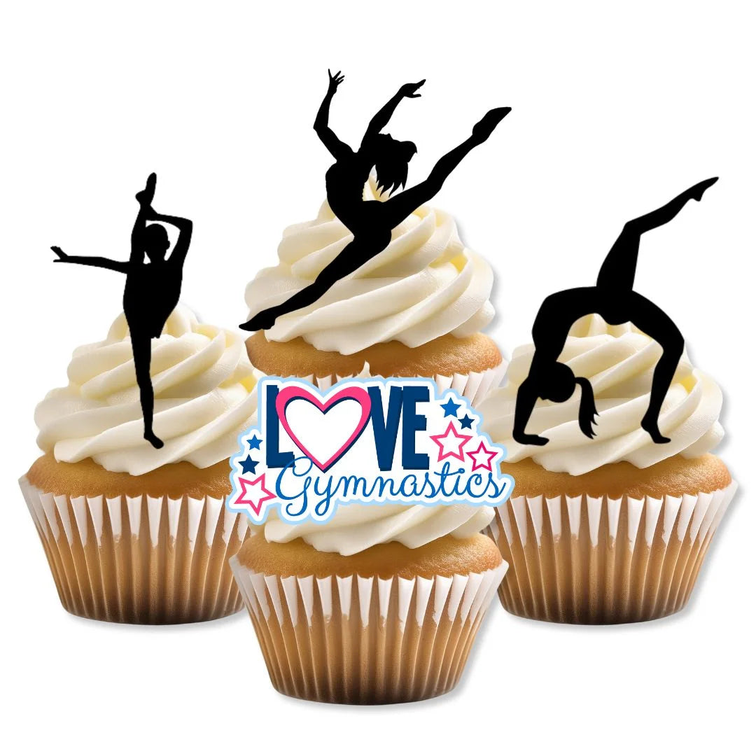 Gymnastics Black Silhouette Edible Cupcake Toppers on white frosted cupcakes