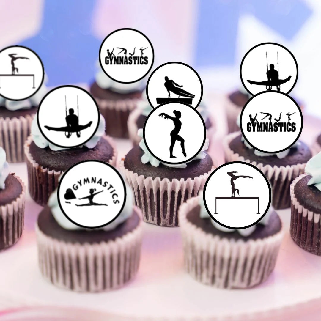 Gymnastics Themed Edible Cupcake Toppers on chocolate cupcakes