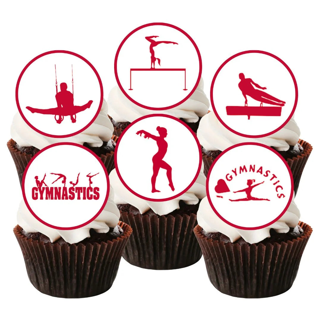 red gymnastics theme edible cupcake toppers