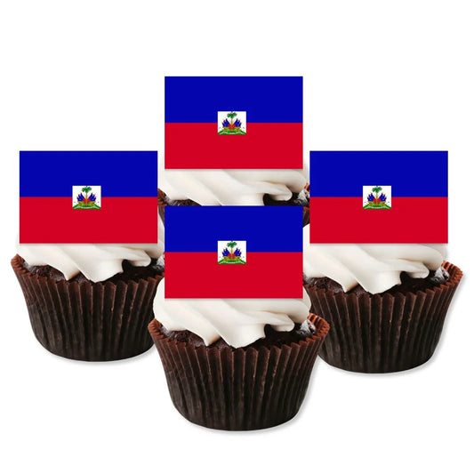 Haiti Flag Edible Cupcake Toppers in chocolate cupcakes with white frosting 