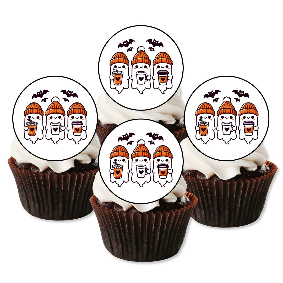 Coffee Ghost Edible Cupcake Toppers on chocolate cupcake with white frosting 